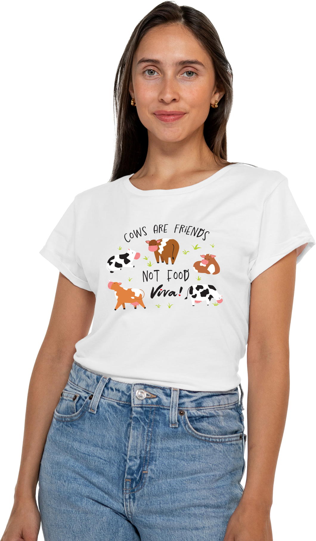 Cows Are Friends Not Food Women’s Rolled Sleeve Jersey Tee - White
