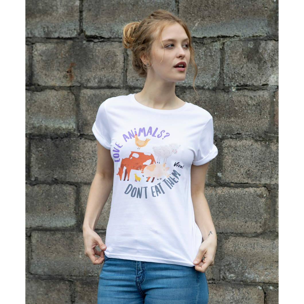 Love Animals Don’t Eat Them Women's Rolled Sleeve Tee - White Viva! Shop
