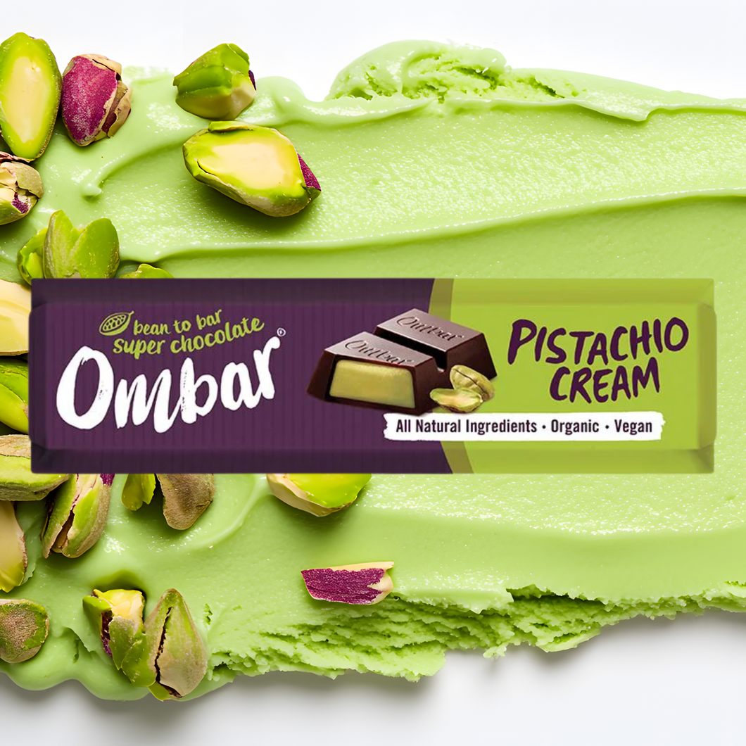Green chocolate bar with pistachio cream and Ombar packaging on a white background
