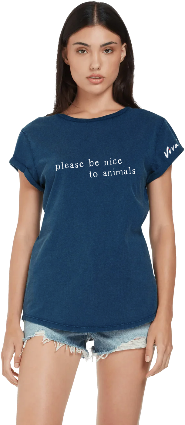 Please Be Nice to Animals Text Women's Rolled Sleeve Jersey Tee - Denim Blue