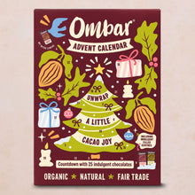 A burgundy Ombar advent calendar features a festive cocoa tree, numbered doors, ornaments, wrapped gifts and chocolate illustrations, with an organic, cheerful holiday feel.