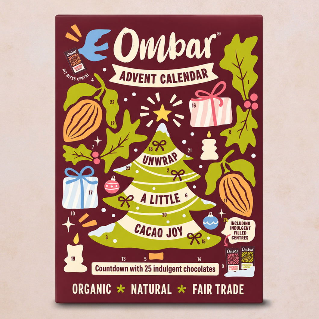 A burgundy Ombar advent calendar features a festive cocoa tree, numbered doors, ornaments, wrapped gifts and chocolate illustrations, with an organic, cheerful holiday feel.