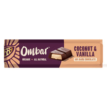 Ombar coconut and vanilla organic dark chocolate bar wrapper, 60% cocoa, with an image of a chocolate square and creamy filling.