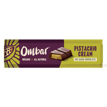 Purple-and-lime Ombar organic chocolate wrapper labeled “Pistachio Cream” and “60% Dark Chocolate,” with a cutaway showing creamy filling. аппetizing design.