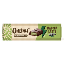 Ombar oat milk chocolate bar packaging with a chocolate square filled with green matcha cream; “Matcha Latte” branding and earthy green tones give it a calm, natural feel.