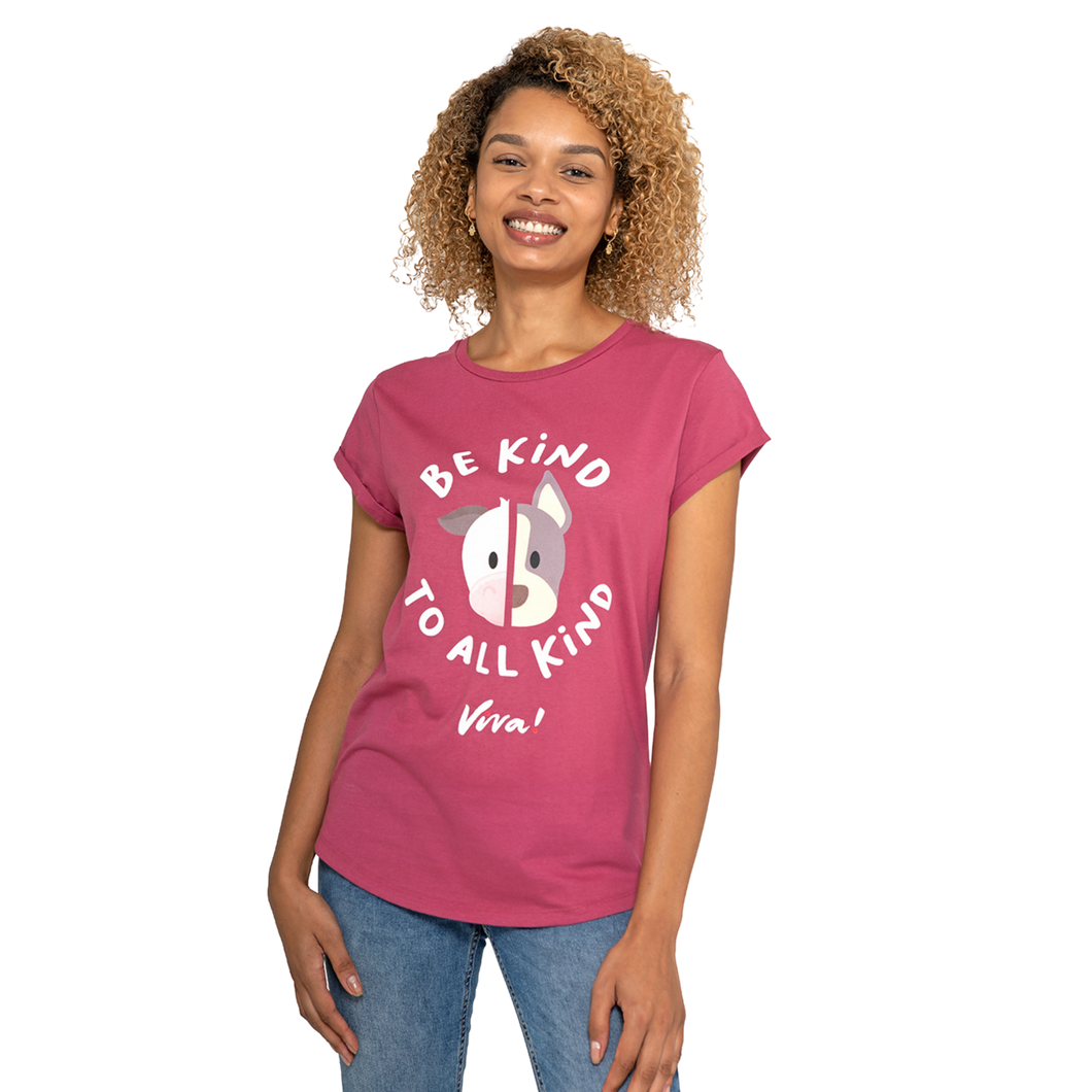 Be Kind To All Kind Face (White Text) Women's Rolled Sleeve Jersey Tee - Berry