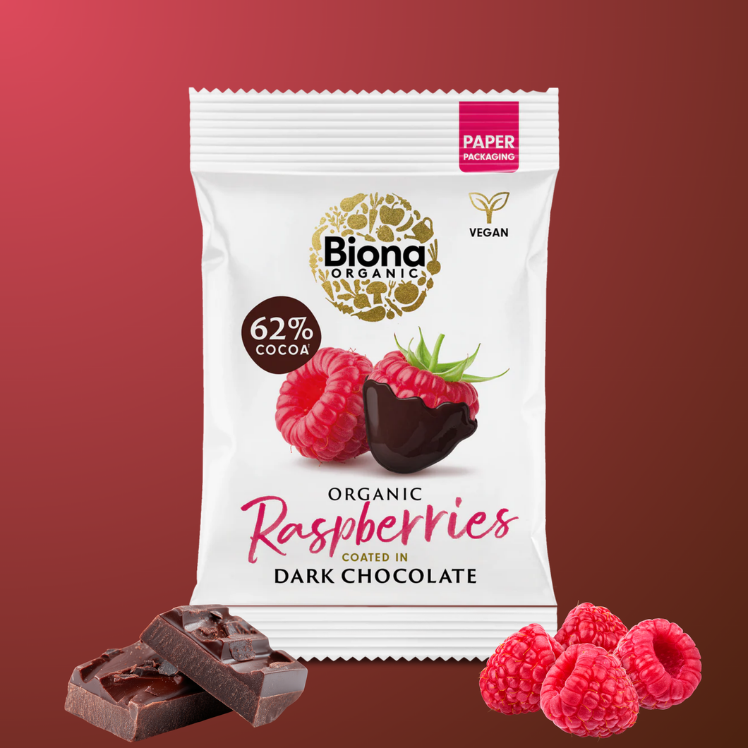 Dark Cocoa Raspberry Biona Organic Dark Chocolate Coated Raspberries 45g – Gifts for Life ...