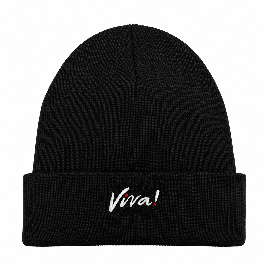 A black ribbed knit beanie hat with a folded cuff, featuring the word 'Viva!' embroidered in white script with a small red exclamation mark on the front, set against a plain white background.