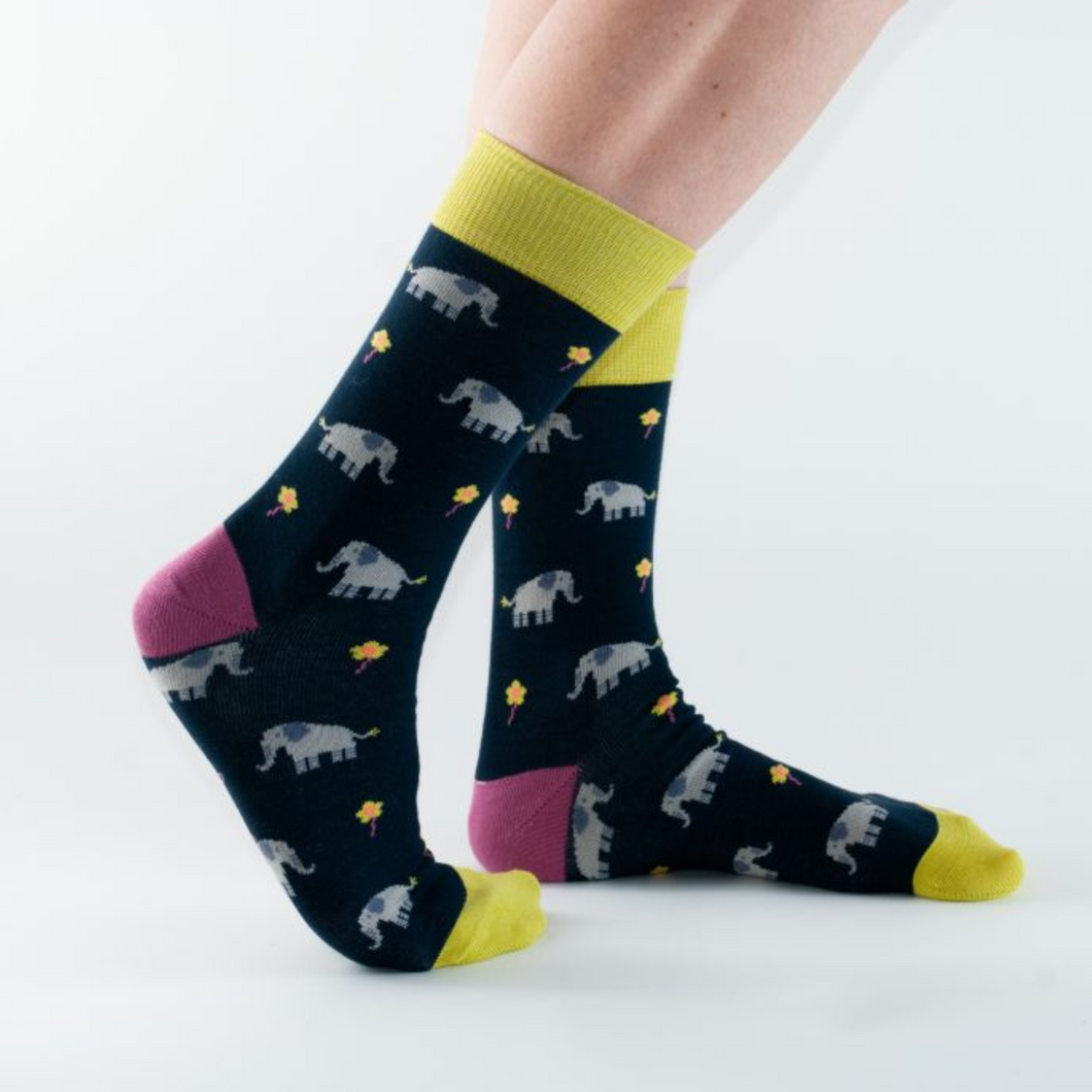 Doris & Dude Bamboo Socks - Navy Elephants UK size 3-7