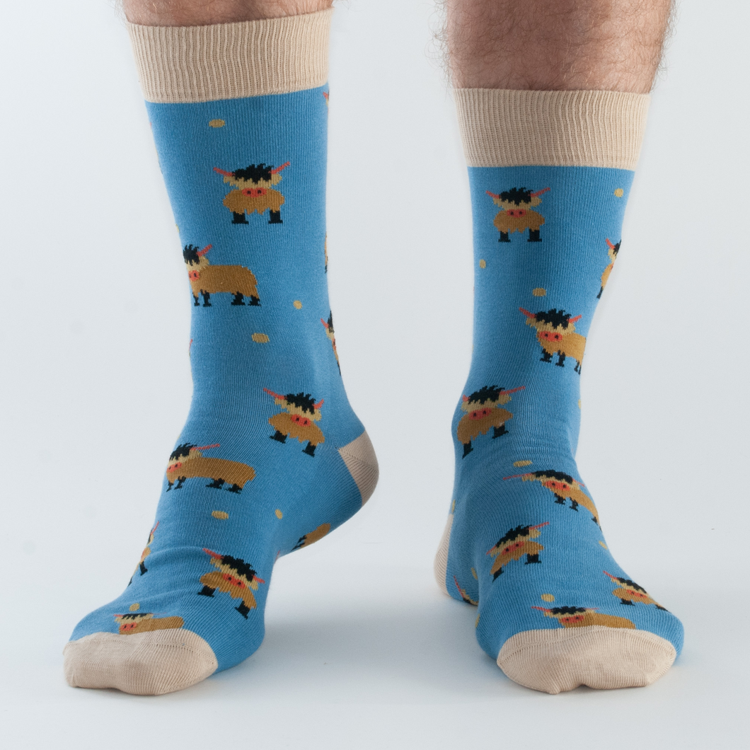Doris & Dude Men's Bamboo Socks - Blue Highland Cow Viva! Shop