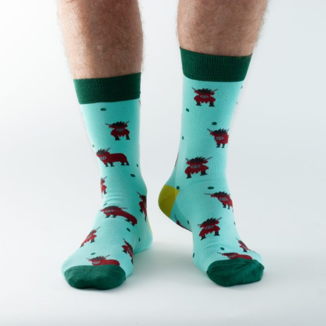 Doris & Dude Bamboo Socks - Mint Highland Cow UK size 7-11