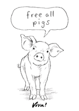 A black and white line art illustration of a pig standing on a white background, with a speech bubble above it reading 'free all pigs' and the word 'Viva!' below.