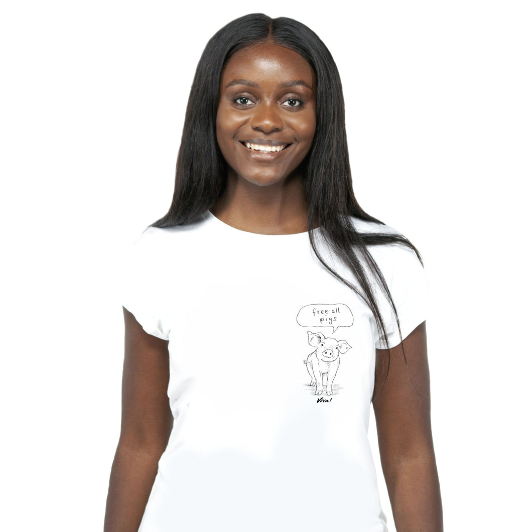 A smiling woman with long black hair wearing a white short-sleeve crewneck t-shirt with a black line pencil sketch art graphic of a pig and a speech bubble that reads 'Free all pigs'.