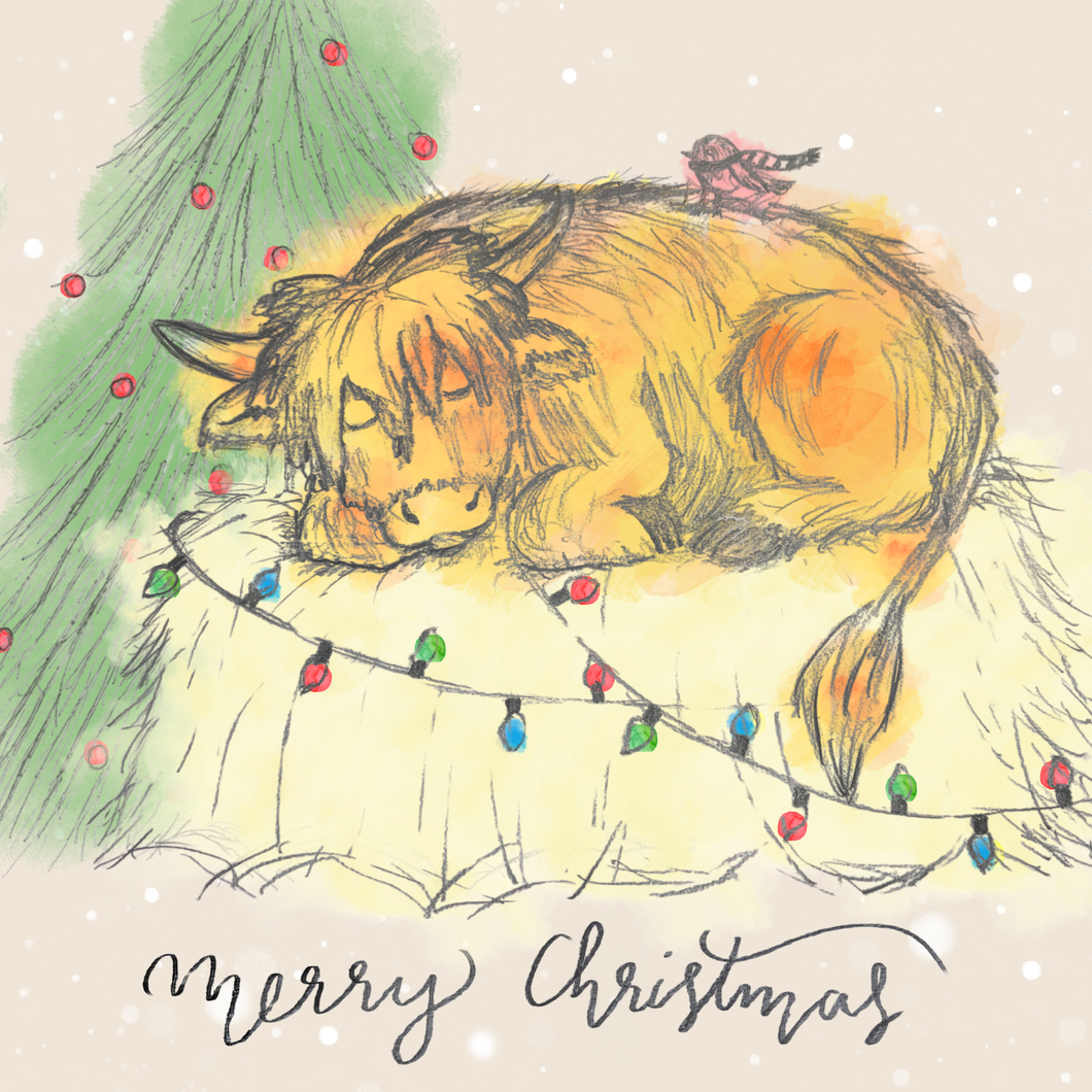 Hand-drawn Christmas illustration featuring a sleeping Highland cow on a fluffy white blanket, wrapped in multicolored holiday lights, with a small pink bird on its back. A green Christmas tree with red ornaments stands beside it on a warm beige background with scattered white snowflakes.