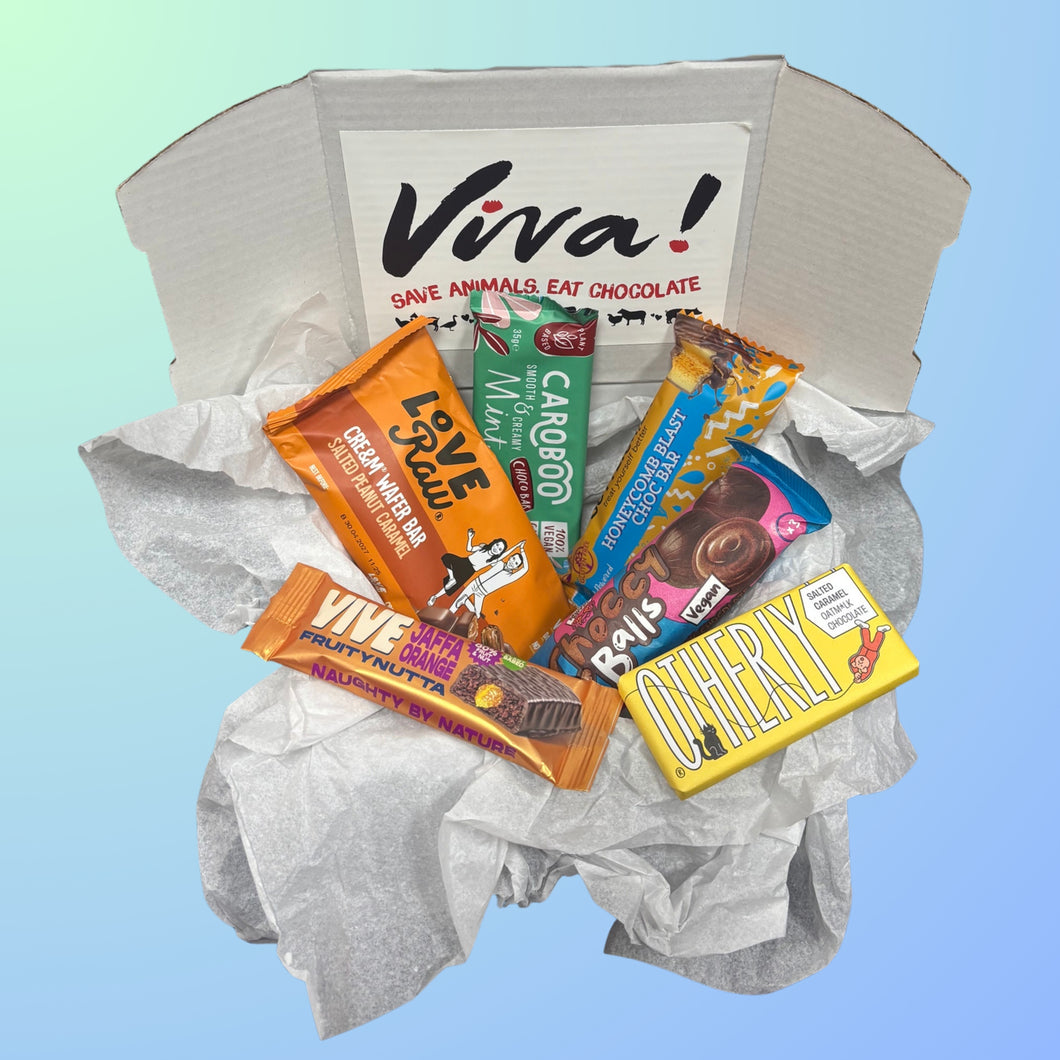An open kraft Viva! gift box filled with colourful vegan chocolate and snack bars, nestled in white tissue paper; cheerful, playful product packaging promotes plantbased confetionery.
