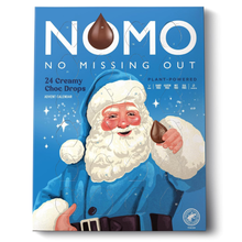 NOMO chocolate advent calendar with Santa Claus illustration on a blue background