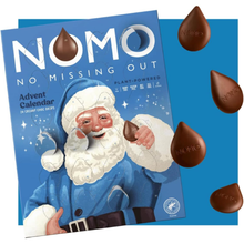 NOMO Advent Calendar with Santa Claus illustration and chocolate drops on a blue background