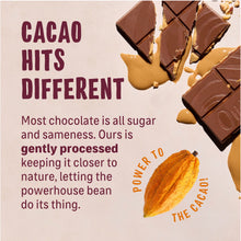 Square cacao chocolate ad with broken dark chocolate pieces and a cacao pod on a pale pink background. Text highlights gentle processing and “the power of cacao,” conveying a natural, bold tone.