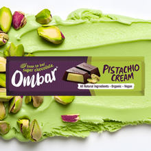 Green chocolate bar with pistachio cream and Ombar packaging on a white background