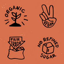 Four black illustrations on a brown background, each with text and symbols related to organic, vegan, fair trade, and no refined sugar.