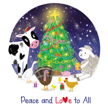 A festive illustrated holiday scene inside a circular frame, showing a decorated Christmas tree with a star, a cow, a sheep, a goose, a duck, a chicken, and small gifts, with the text 'Peace and Love to All' below on a white background.