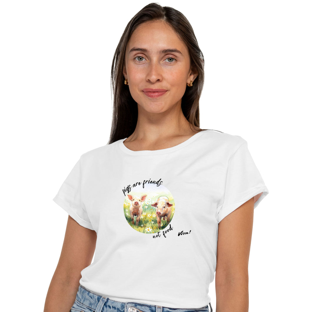 A woman wearing a white short sleeve graphic t-shirt with a circular print of two watercolour cute pigs in a field and the text 'Pigs are friends not food'.