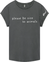 Please Be Nice to Animals Text Women's Rolled Sleeve Jersey Tee - Stone Washed Grey
