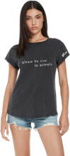 Please Be Nice to Animals Text Women's Rolled Sleeve Jersey Tee - Stone Washed Grey