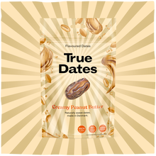 A beige-and-cream sunburst surrounds a clear pouch of True Dates, flavoured dates with creamy peanut butter. Floating dates and peanut butter swirls give the package a playful, appetizing look.