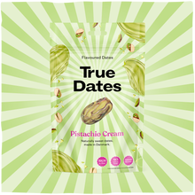 A green-and-white striped package for “True Dates” flavoured dates, with a pistachio-coated date illustration and pink “Pistachio Cream” text; fresh, playful design.