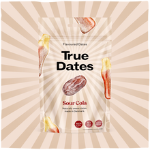 A True Dates flavoured dates pouch labeled “Sour Cola” sits amid floating cola-coated dates and cream sunburst rays, creating a playful, sweet tone.