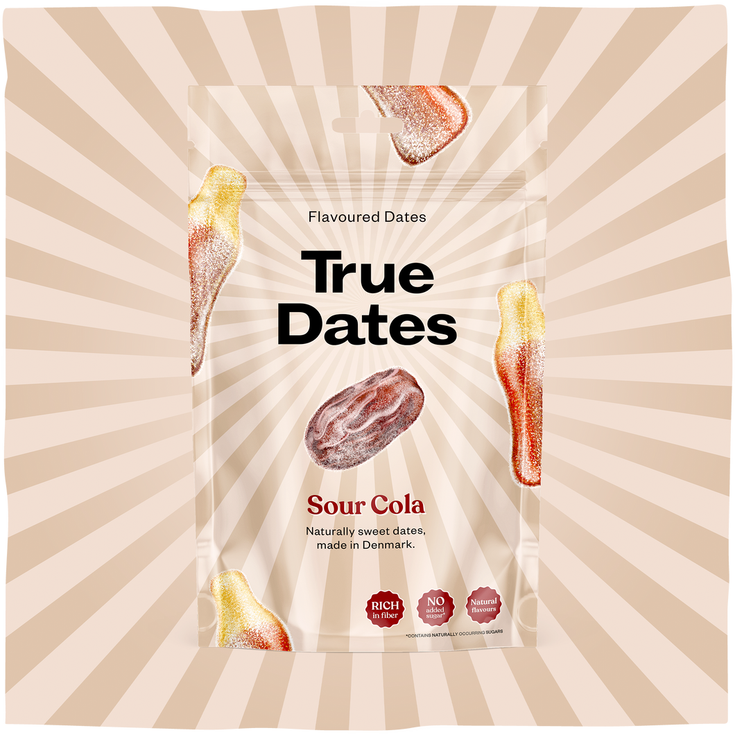 A True Dates flavoured dates pouch labeled “Sour Cola” sits amid floating cola-coated dates and cream sunburst rays, creating a playful, sweet tone.