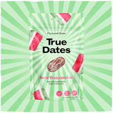 A True Dates sour watermelon flavoured dates package against a mint-green sunburst, with candy-striped date pieces and a bright, playful look.