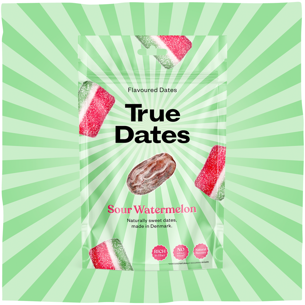 A True Dates sour watermelon flavoured dates package against a mint-green sunburst, with candy-striped date pieces and a bright, playful look.