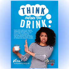 A Viva! leaflet shows a grimacing woman recoiling from a glass of milk beside the text “Think Before You Drink,” challenging claims that cow’s milk is healthy.