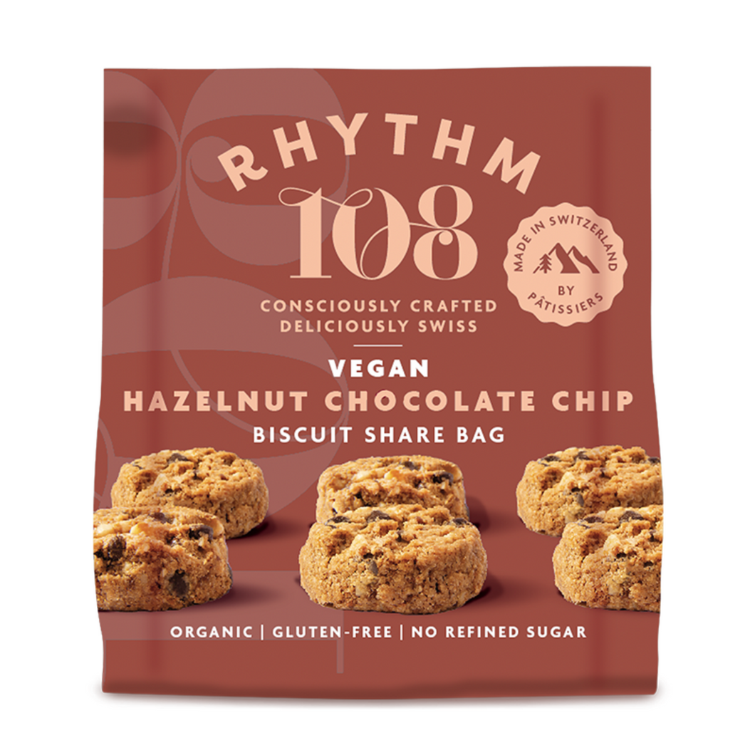 Rhythm 108 Organic Vegan Hazelnut Chocolate Chip Biscuits Sharing Bag 135g Viva! Shop